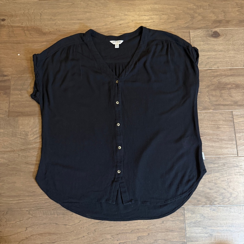 Orvis Classic Collection Black Rayon Crinkle Button Down Top Womens‎ Medium